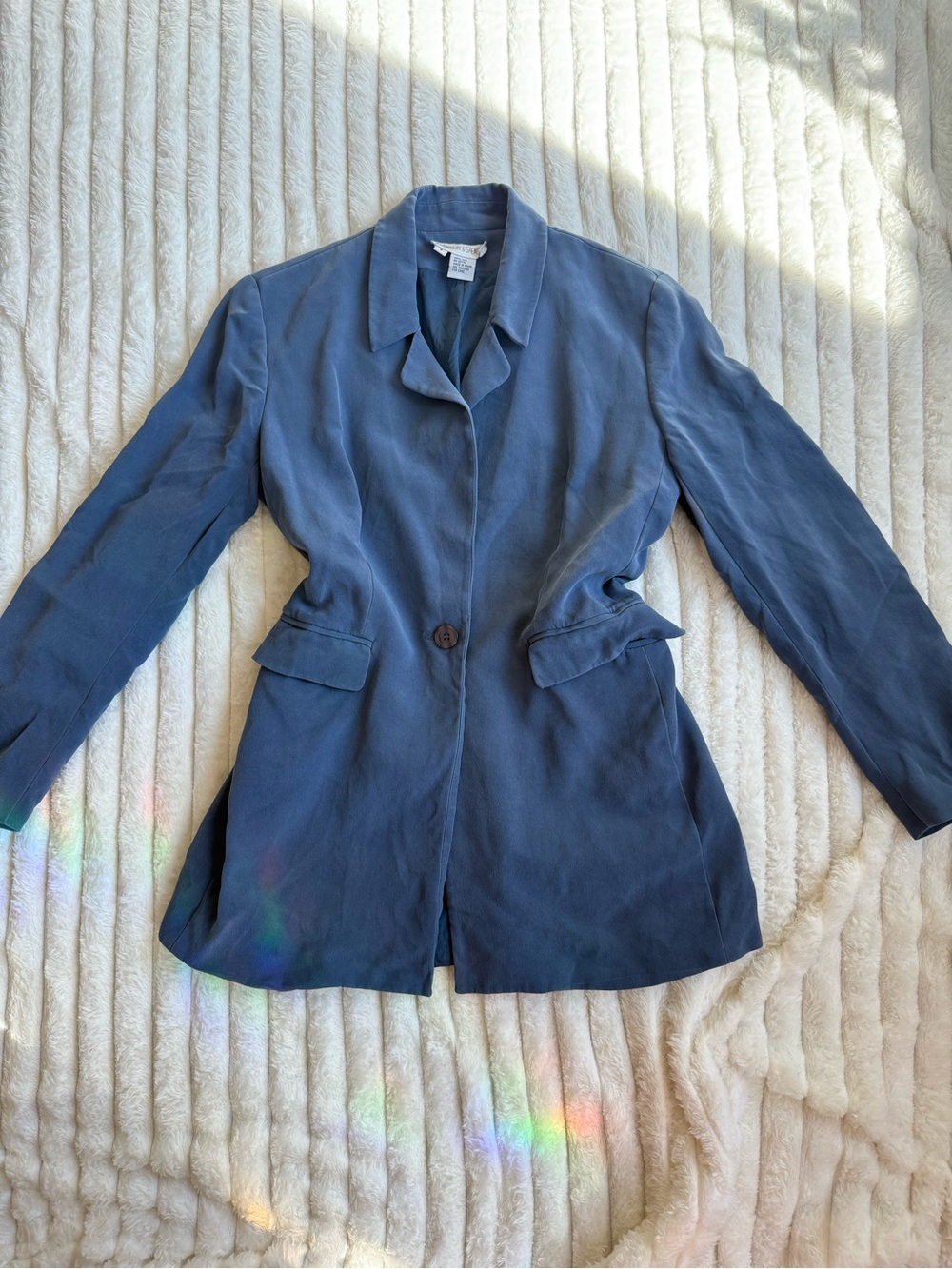 Womens Vintage Silk Blue Single-Button Blazer